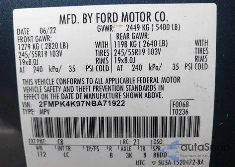 2022 Ford Edge Titanium from USA, damaged, VIN 2FMPK4K97NBA71922